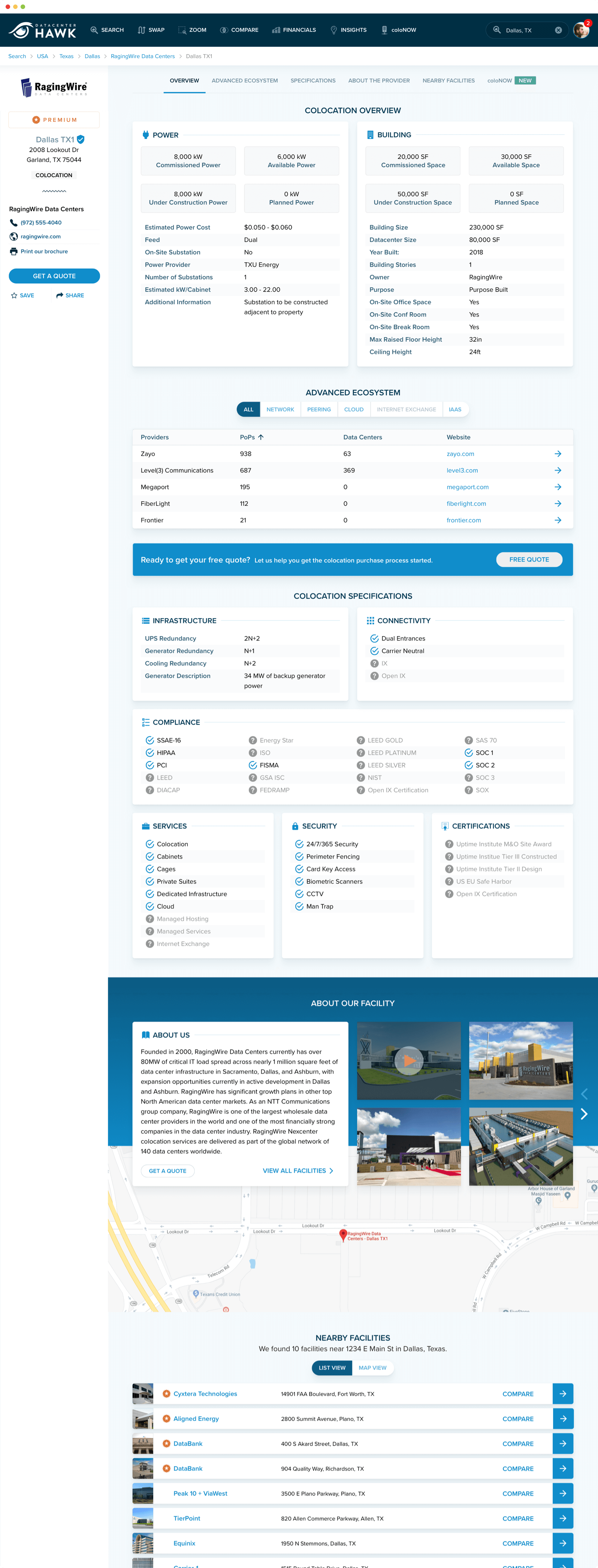 The redesigned datacenterHawk provider profile page