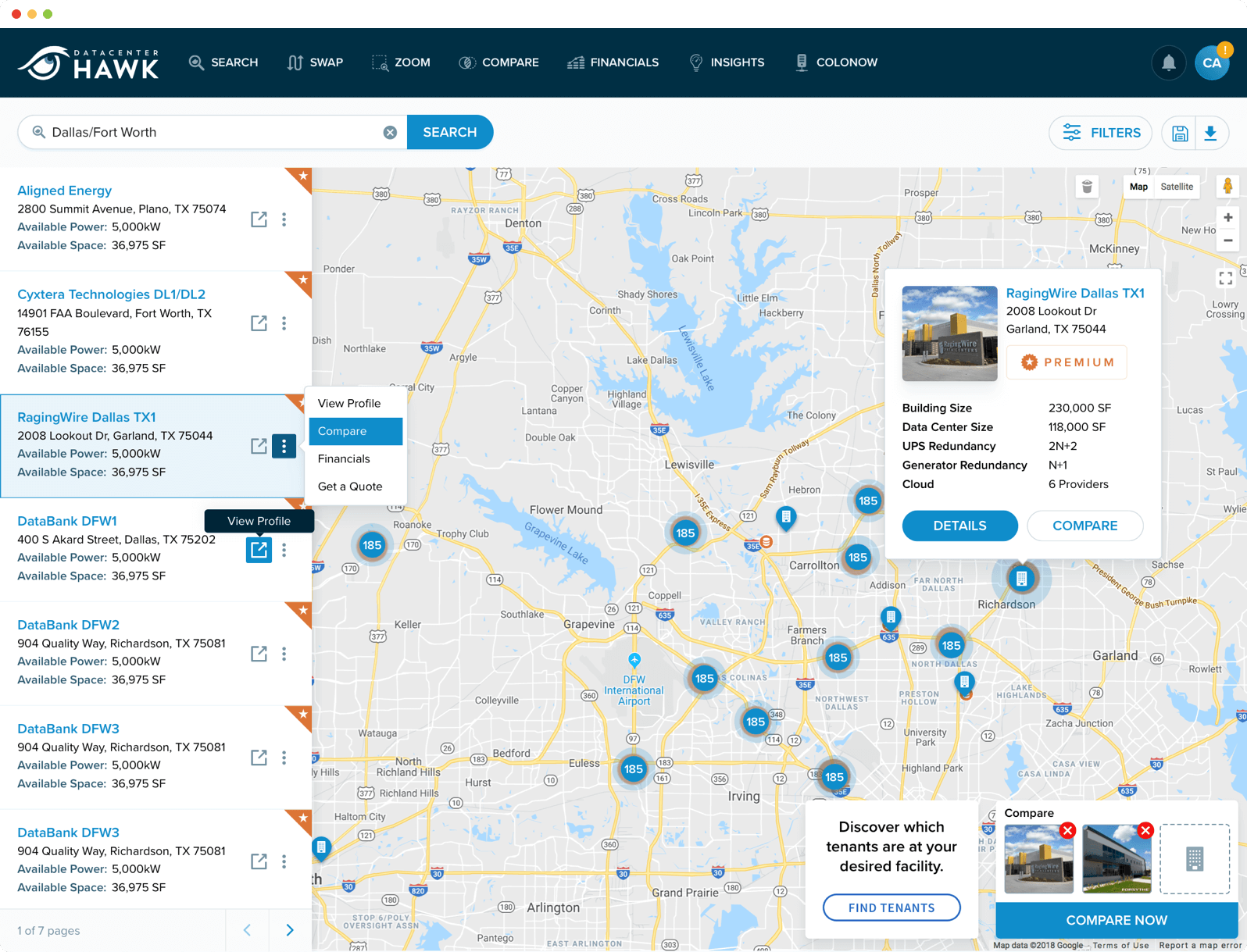 datacenterHawk search and comparison filtering