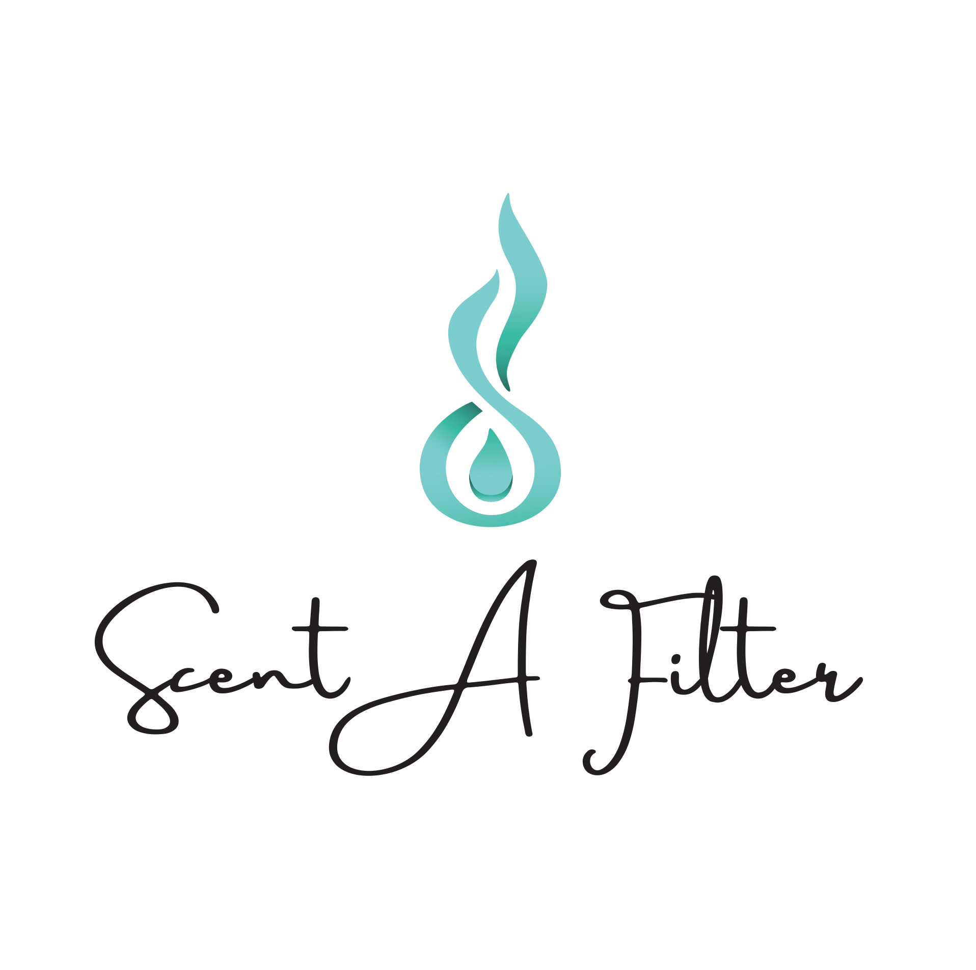 The original Scent A Filter logo: a script wordmark beneath a teal flame-and-droplet symbol