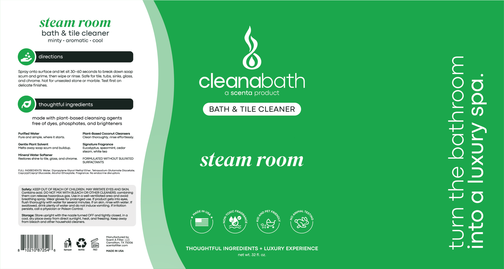 The cleanabath steam room wrap label in green, with a vertical shelf-facing benefit line down the side panel