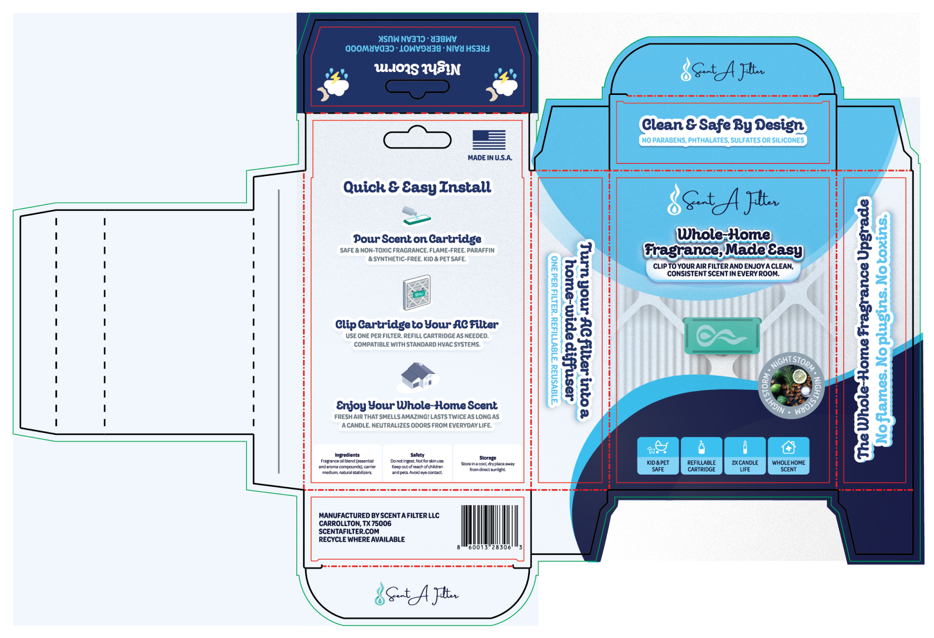 The Night Storm scentafilter box dieline, showing cut, fold, and bleed layers with the full panel architecture flattened