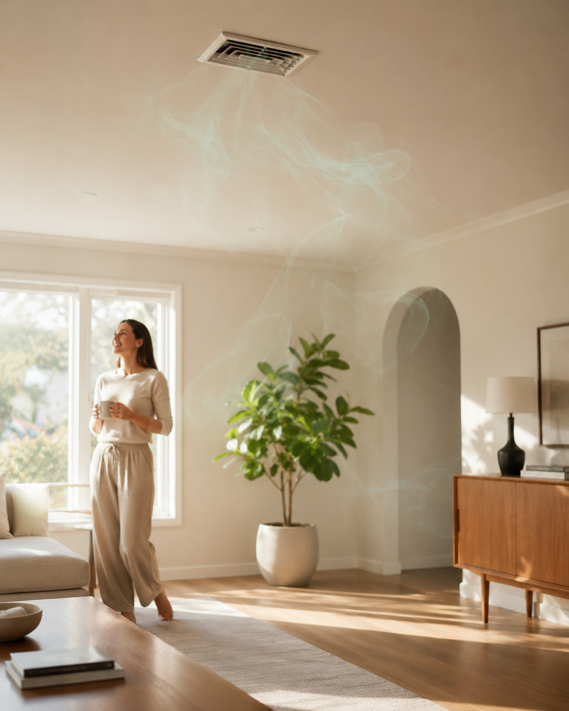 A woman in a sunlit living room with scent shown carrying from a ceiling vent